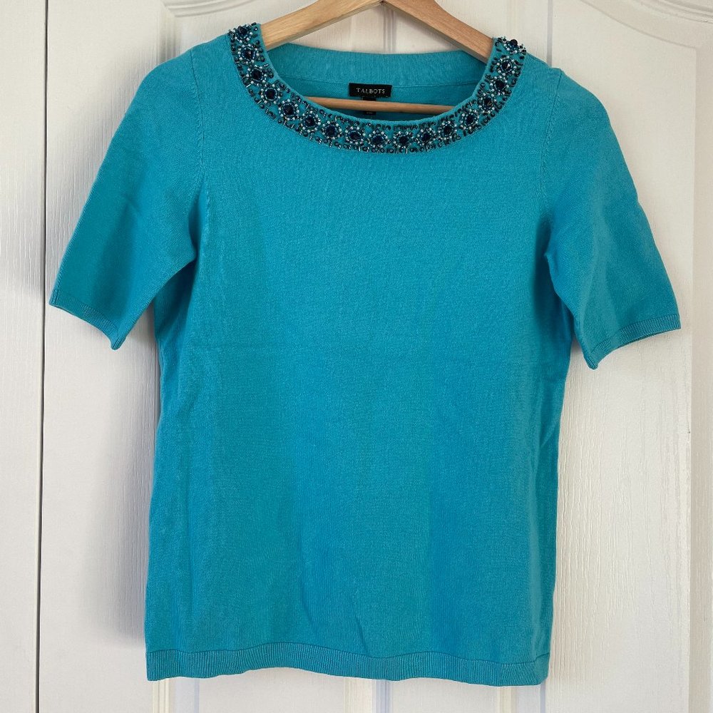 NWT Talbots Blue Short Sleeve Beaded Neckline Silk/Cotton Blend Sweater XS